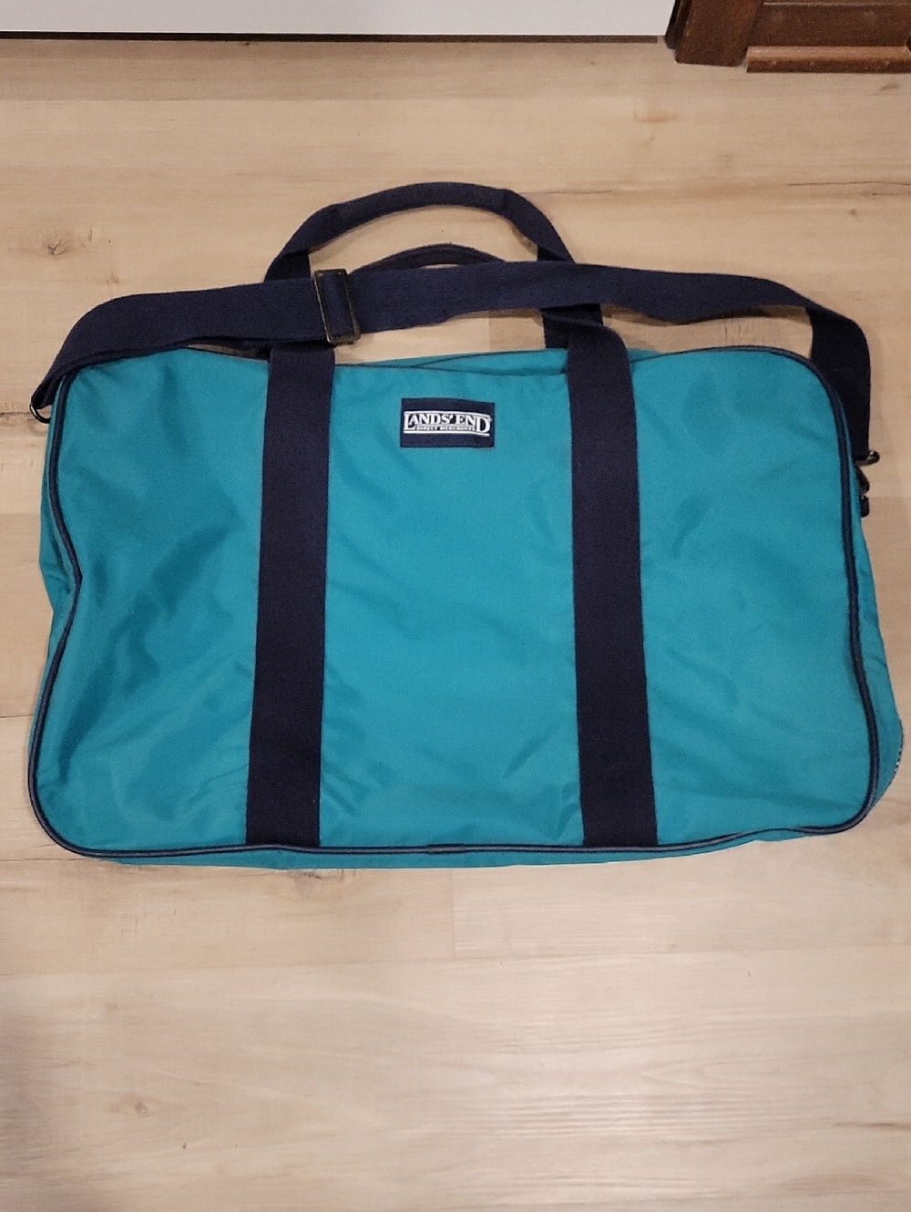 90's Vintage Lands' End Green Duffel with Navy Straps - Travel Bag